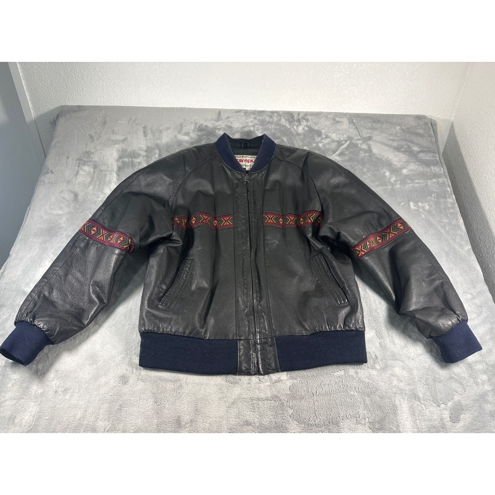 Campus Vintage Black Leather Bomber Jacket Southwestern Embroidery Mens Medium